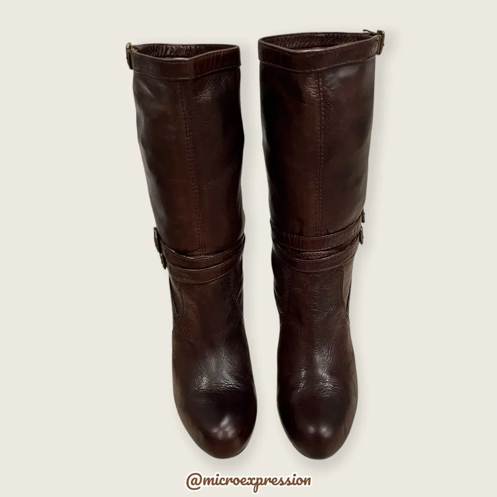 $369 Frye Miranda Slouch Mid Calf Brown Leather Casual Formal Stiletto Booties - Picture 3 of 12